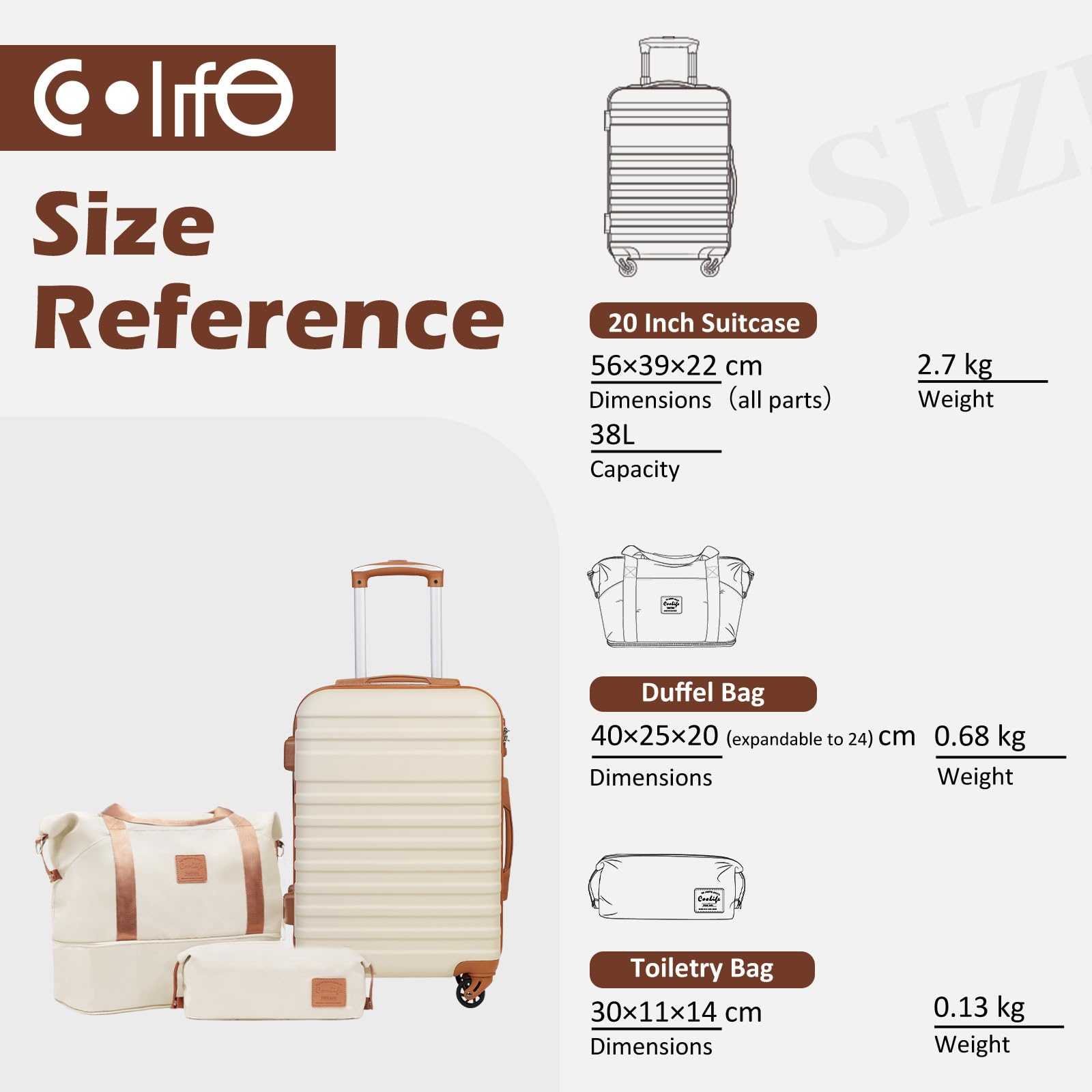 COOLIFE Carry-On Hard-Shell Cabin Luggage with Toiletry Kit (20″)