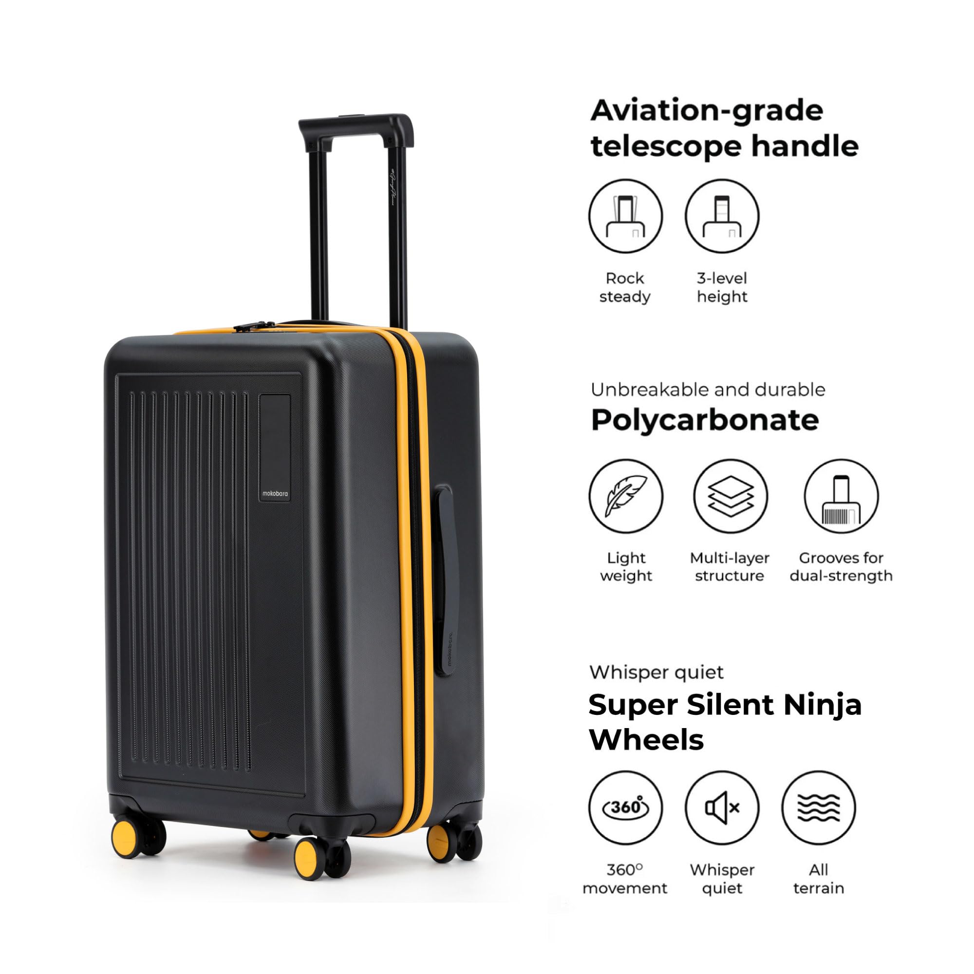MOKOBARA The Transit Luggage Set of 3 | 40L, 65L & 100L Capacity | Polycarbonate Hardshell | Silent Hinomoto Wheels | For All Travel Needs | Black | Crypto Sunray 2.0