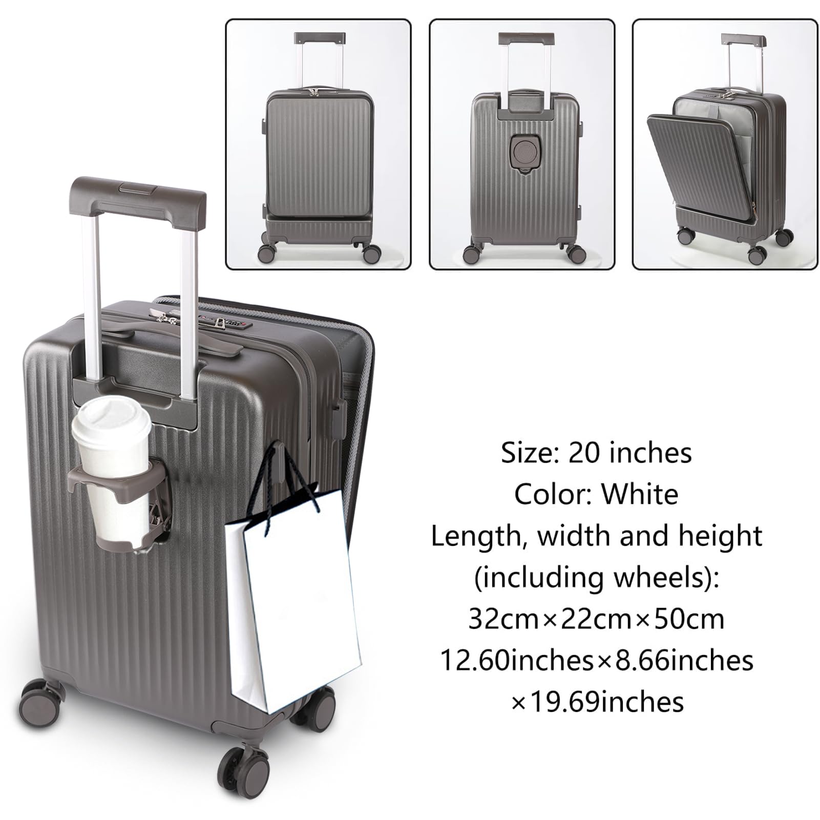 Carry-On Spinner Suitcase with Laptop Pocket & USB-C Charging Port – Gray