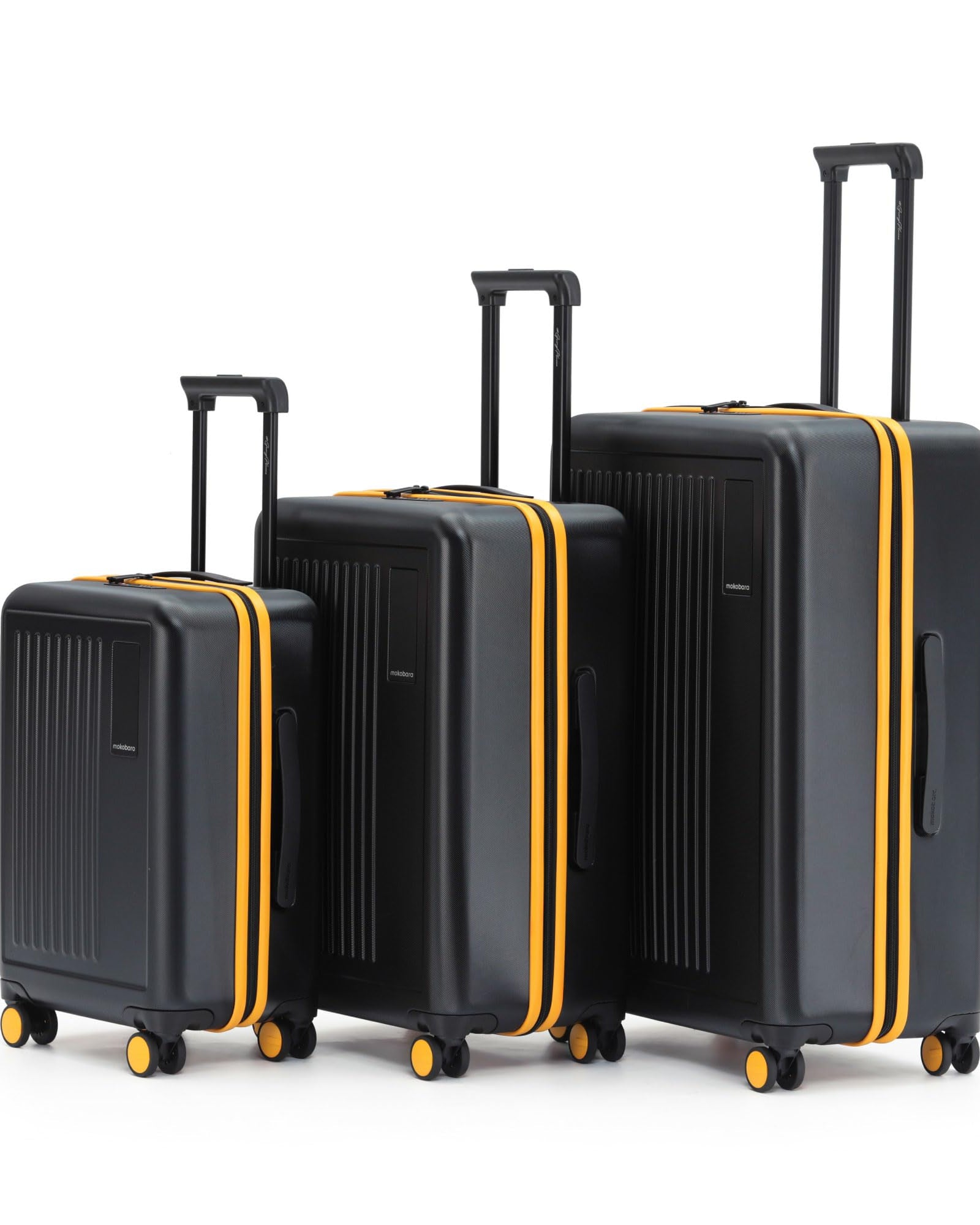 MOKOBARA The Transit Luggage Set of 3 | 40L, 65L & 100L Capacity | Polycarbonate Hardshell | Silent Hinomoto Wheels | For All Travel Needs | Black | Crypto Sunray 2.0