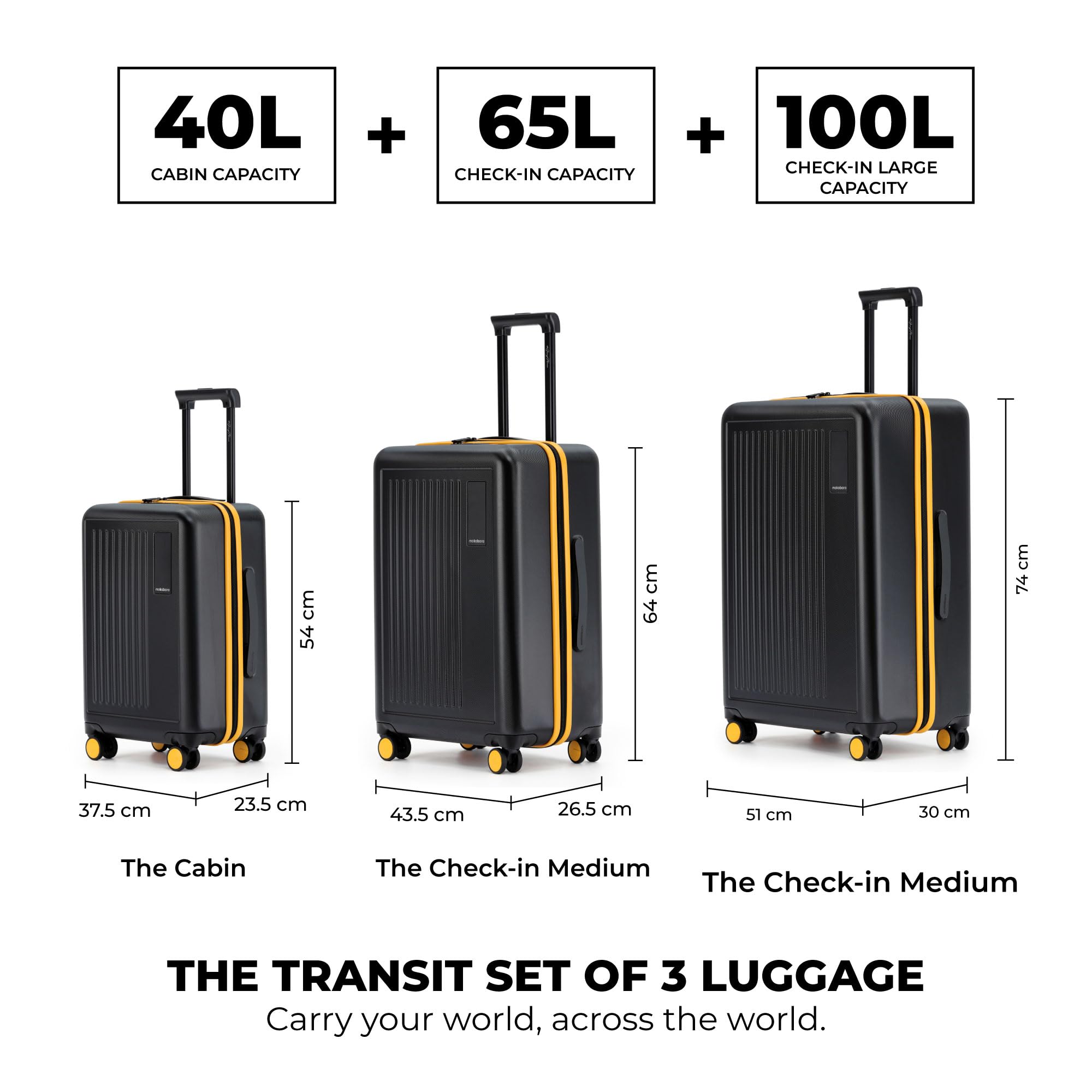 MOKOBARA The Transit Luggage Set of 3 | 40L, 65L & 100L Capacity | Polycarbonate Hardshell | Silent Hinomoto Wheels | For All Travel Needs | Black | Crypto Sunray 2.0