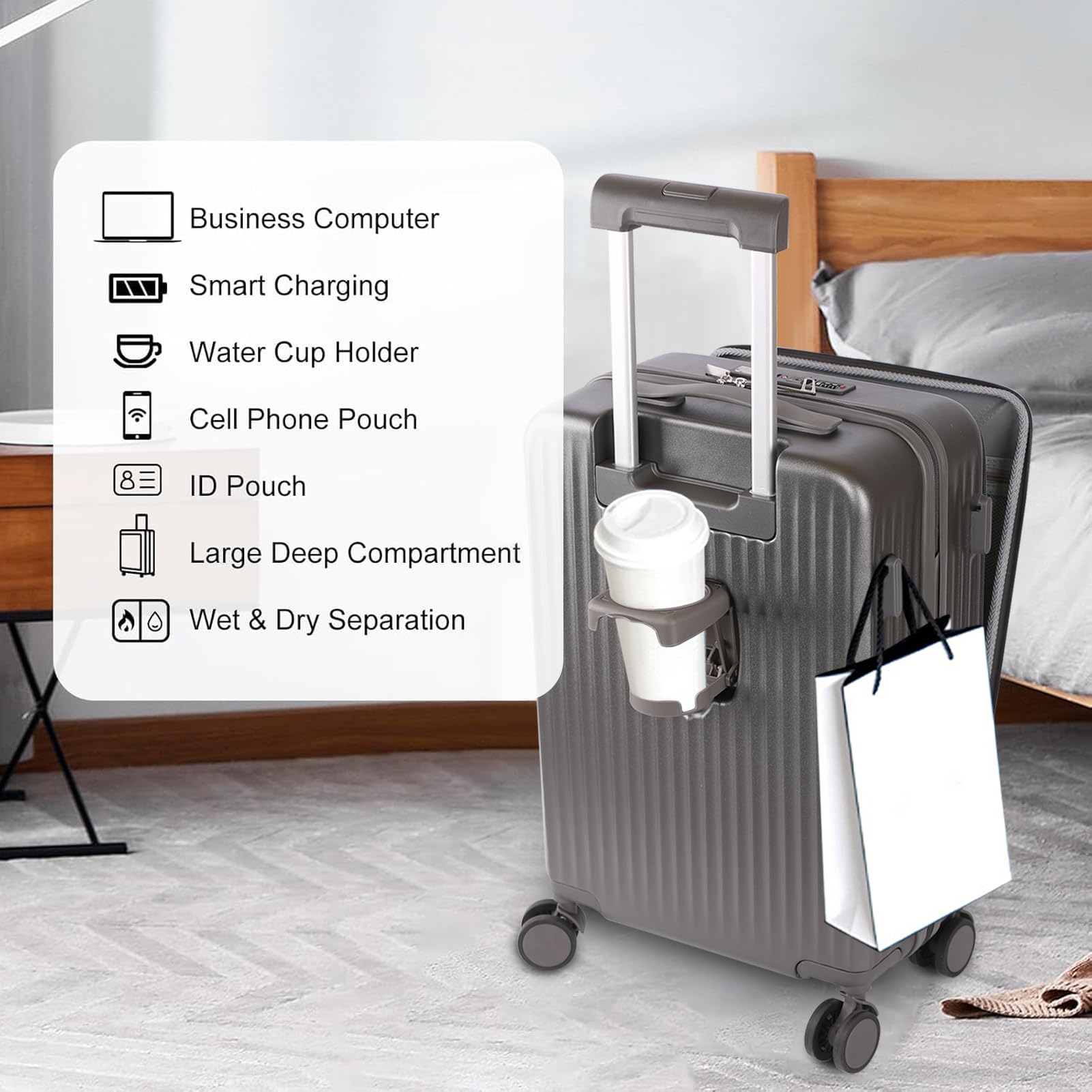 Carry-On Spinner Suitcase with Laptop Pocket & USB-C Charging Port – Gray