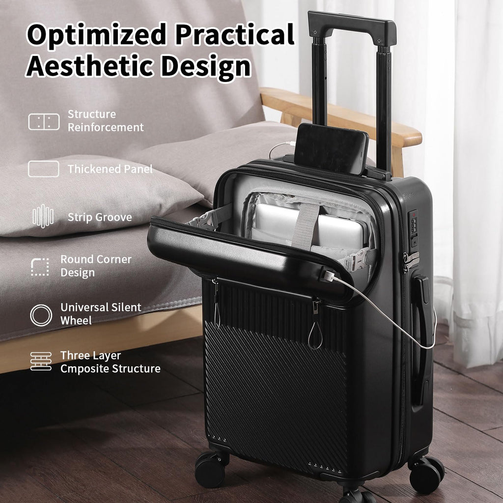 20″ Carry-On Spinner Suitcase with Combination Lock, USB Port & Front Laptop Access